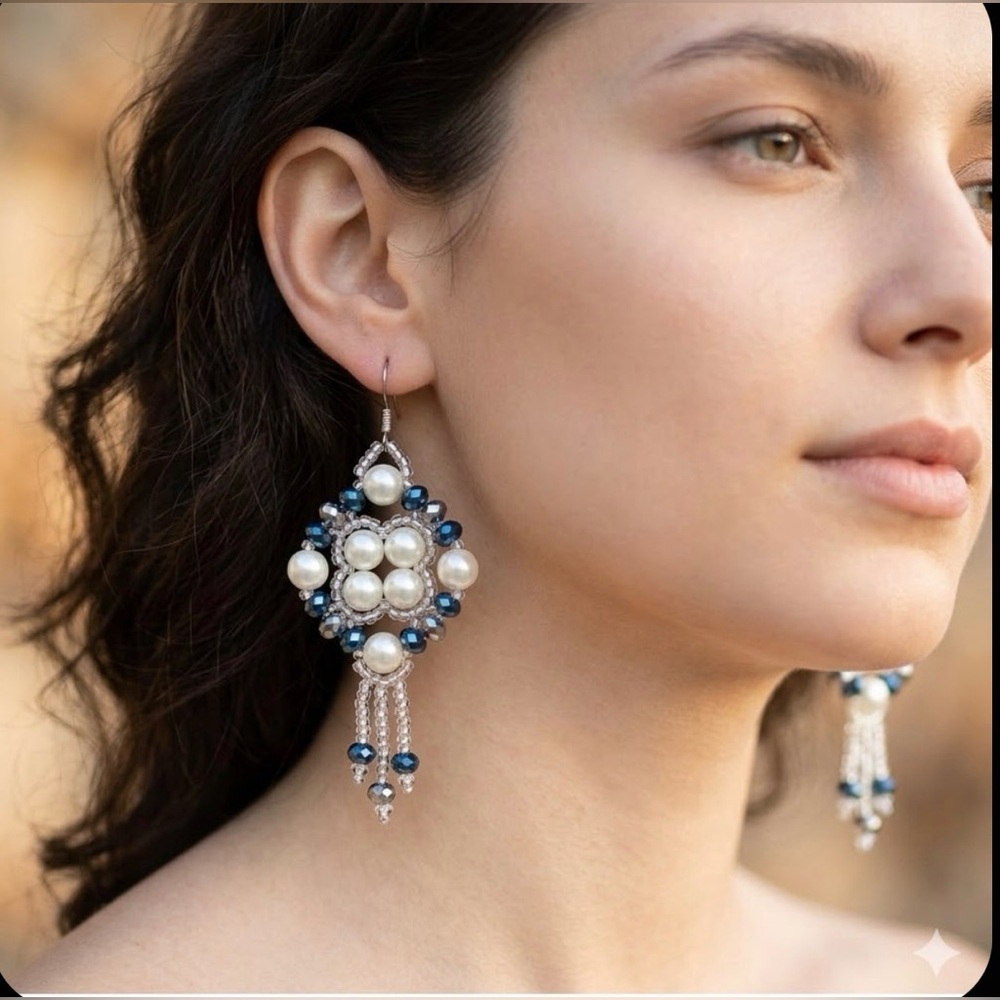 Elegant Silver and Blue Beaded Dangle Earrings
